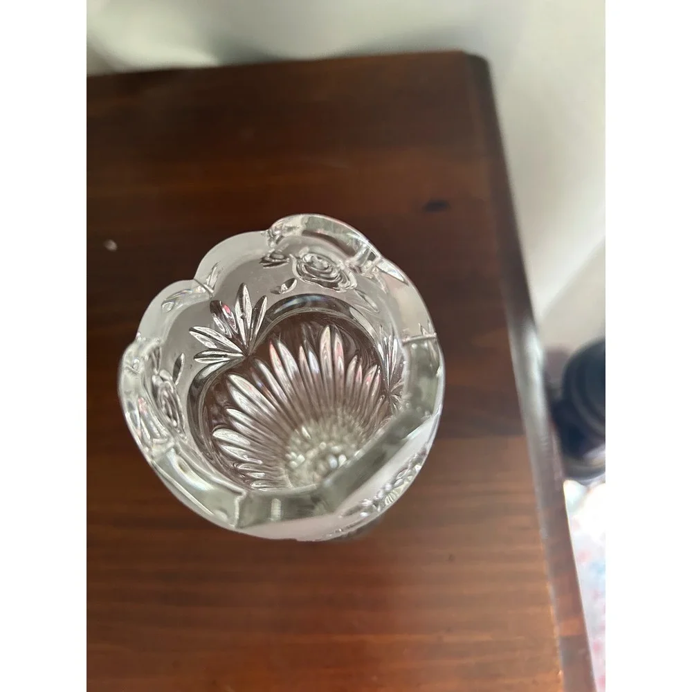 Vintage Oneida Frosted Rose Crystal Bud Vase Scalloped Clear Glass Trumpet